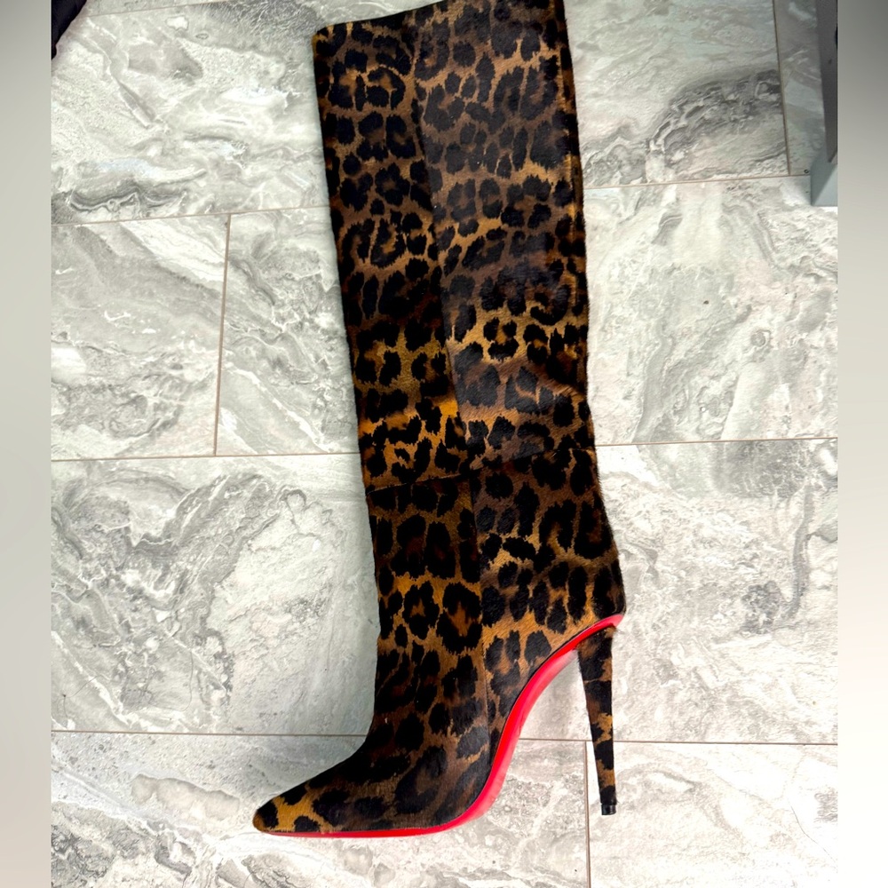 Christian Louboutin Leopard-Print Knee Boots with Red Soles